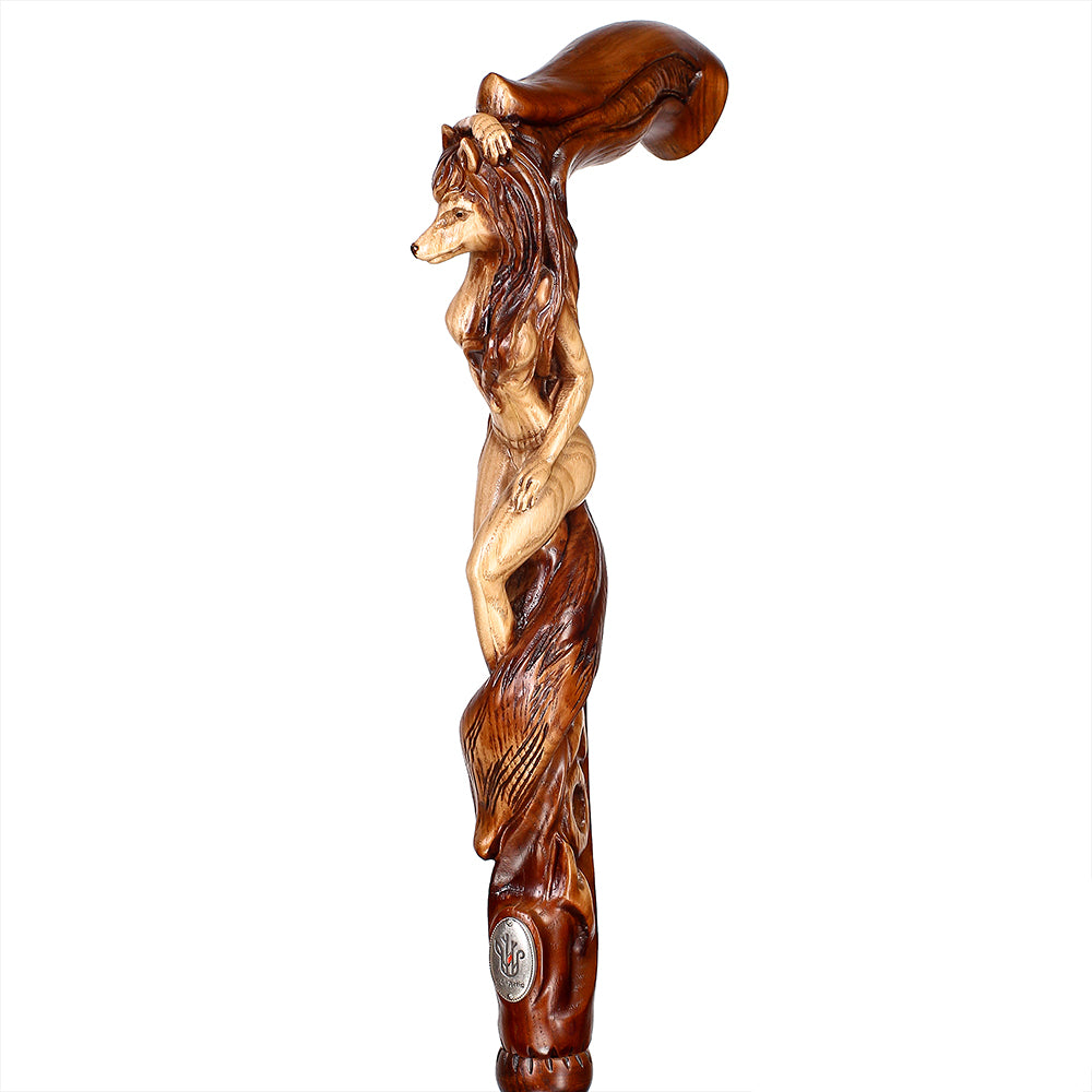 Foxy Girl: Artisan Intricate Detail Hand-Carved Cane