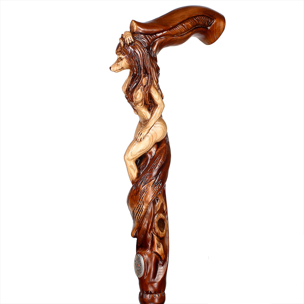 Foxy Girl: Artisan Intricate Detail Hand-Carved Cane