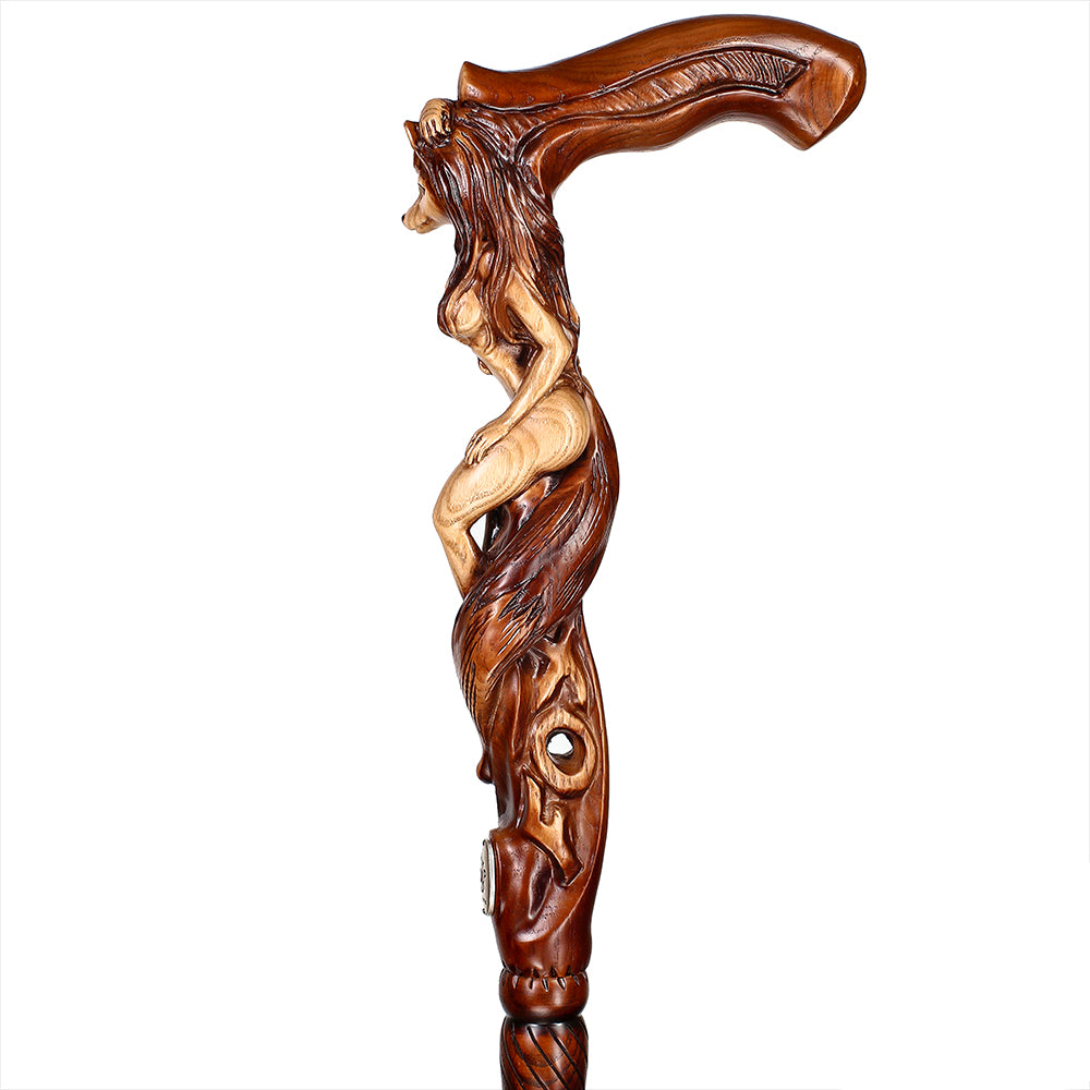 Foxy Girl: Artisan Intricate Detail Hand-Carved Cane