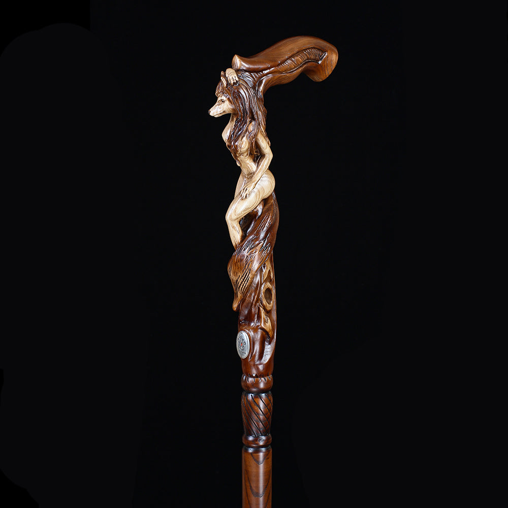 Foxy Girl: Artisan Intricate Detail Hand-Carved Cane