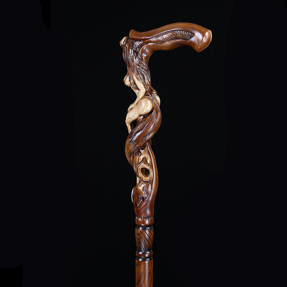 Foxy Girl: Artisan Intricate Detail Hand-Carved Cane