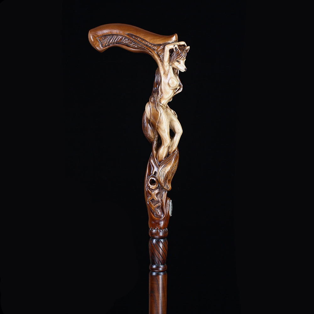 Foxy Girl: Artisan Intricate Detail Hand-Carved Cane