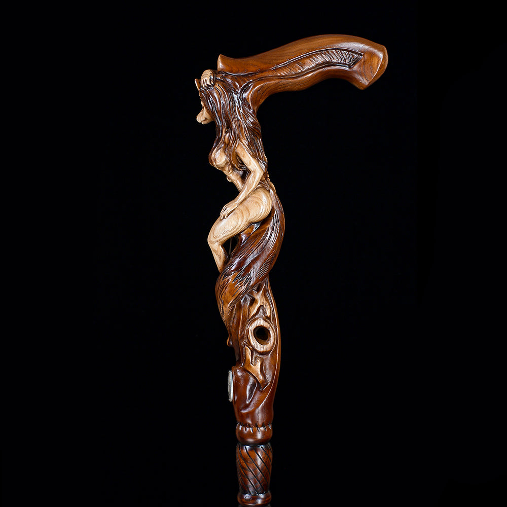 Foxy Girl: Artisan Intricate Detail Hand-Carved Cane