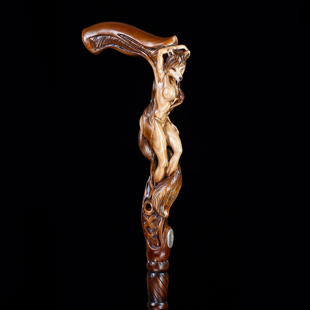 Foxy Girl: Artisan Intricate Detail Hand-Carved Cane