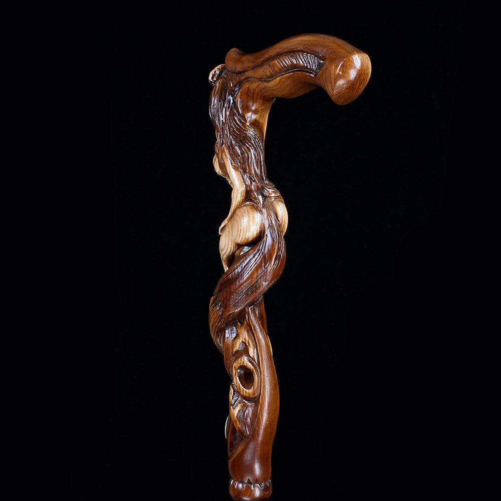 Foxy Girl: Artisan Intricate Detail Hand-Carved Cane