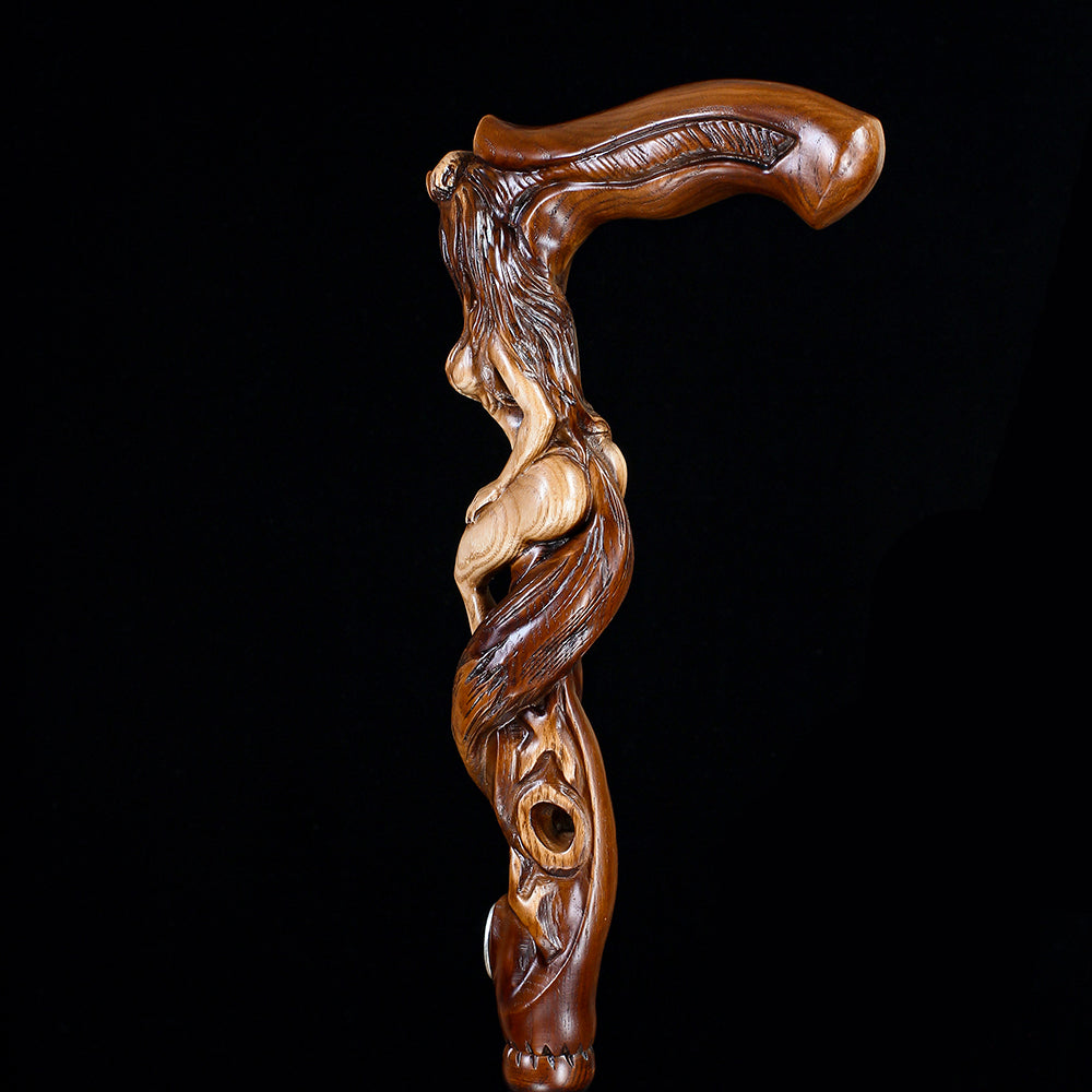 Foxy Girl: Artisan Intricate Detail Hand-Carved Cane