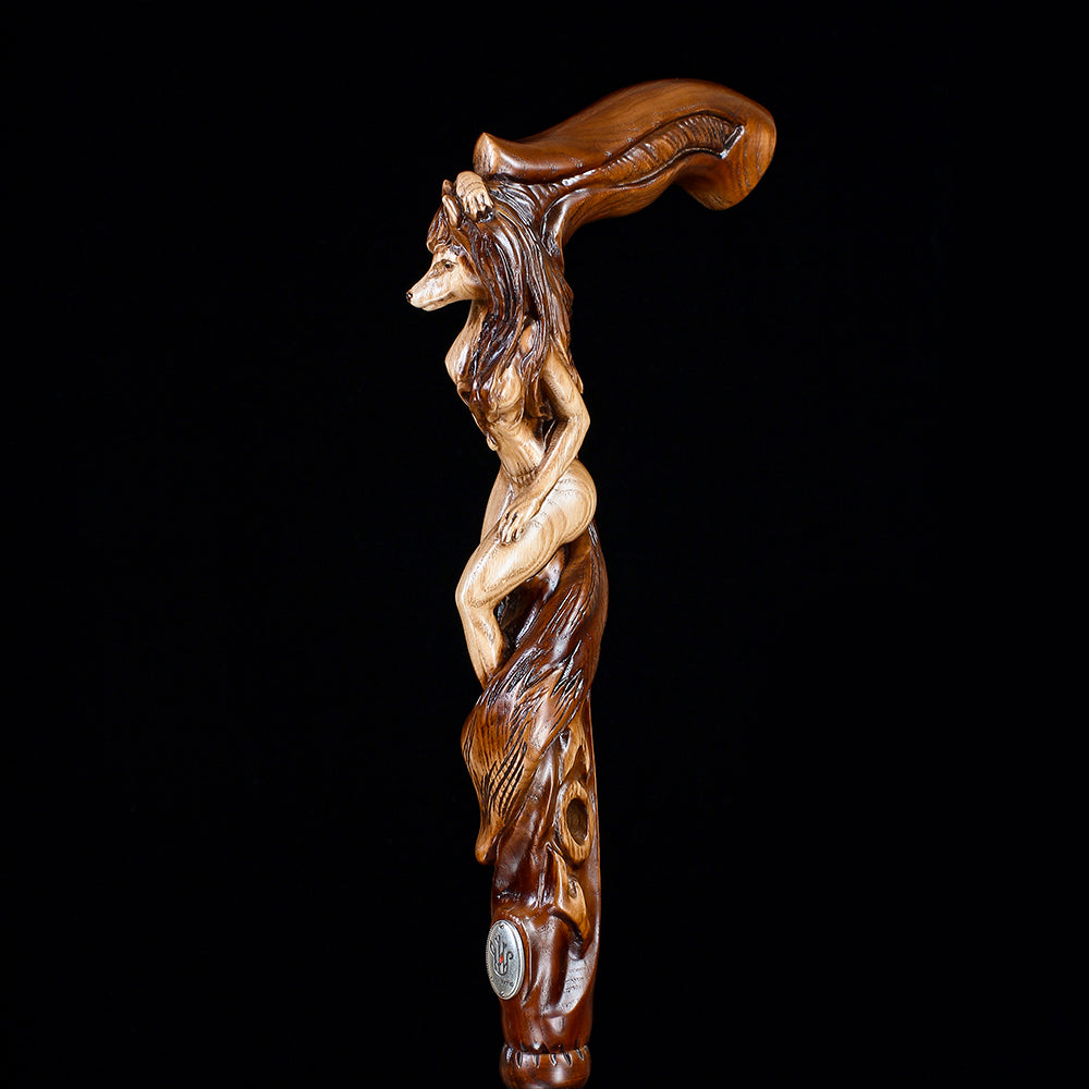 Foxy Girl: Artisan Intricate Detail Hand-Carved Cane