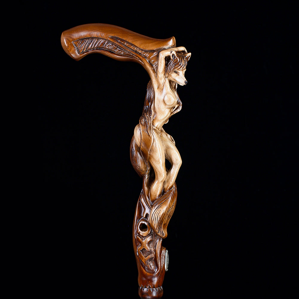 Foxy Girl: Artisan Intricate Detail Hand-Carved Cane