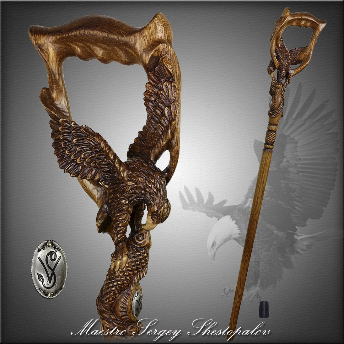 Hunting Eagle and Fish: Artisan Intricate Detail Handcarved Cane