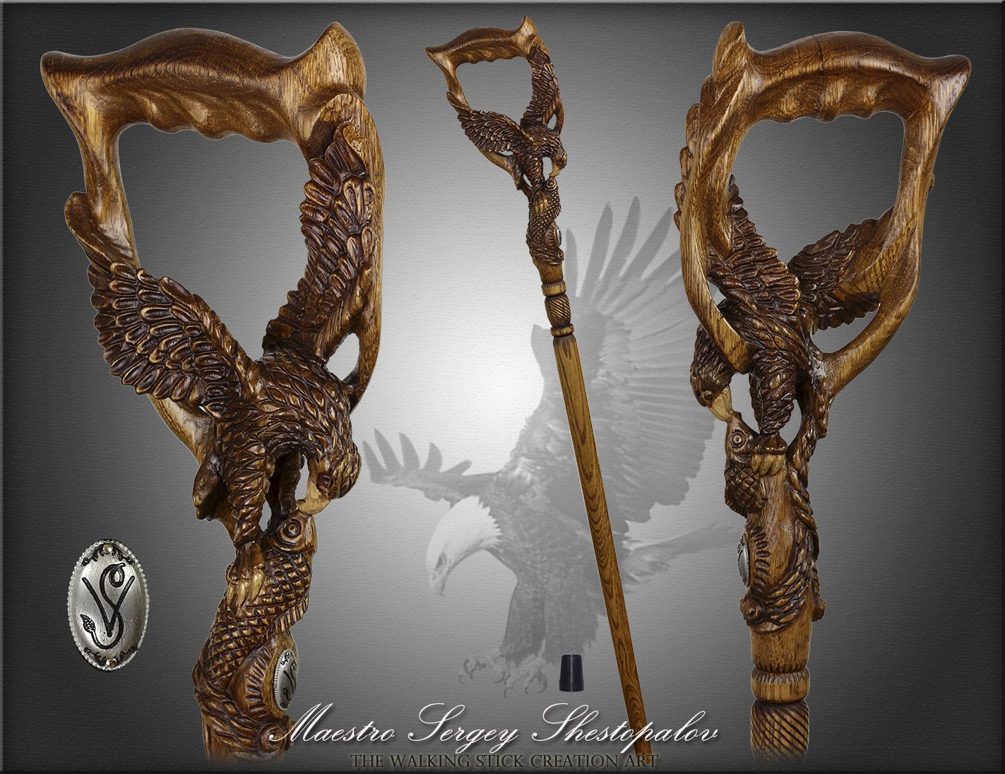 Hunting Eagle and Fish: Artisan Intricate Detail Handcarved Cane