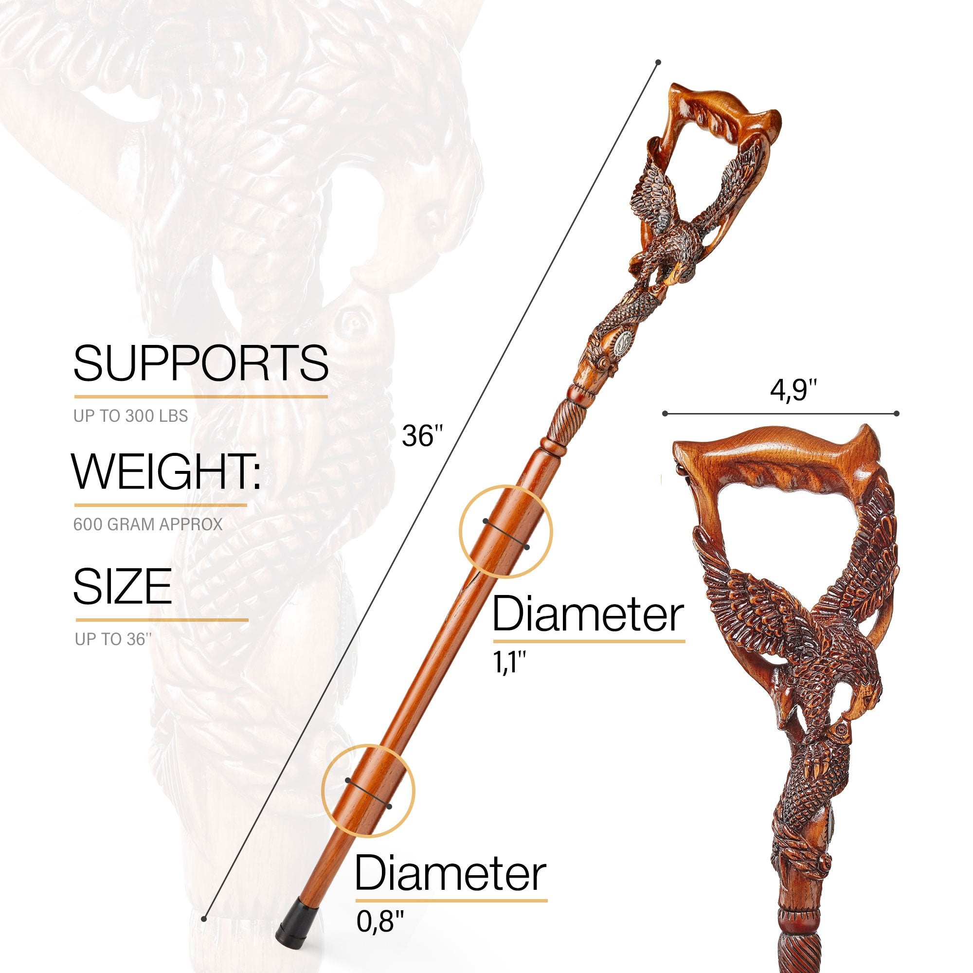 Hunting Eagle and Fish: Artisan Intricate Detail Handcarved Cane