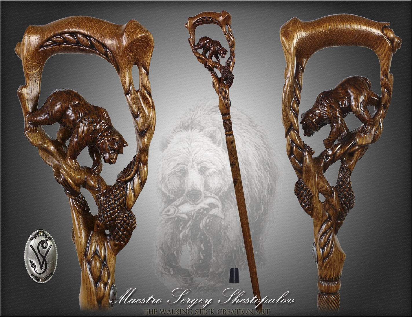 Artisan Grizzly & Salmon Hand-Carved Cane - Intricate
