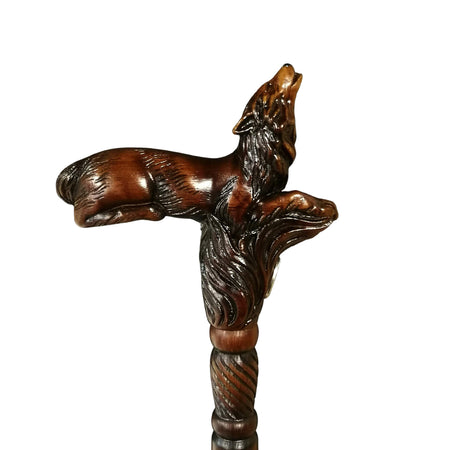 Wolf Bronze & Wood Walking Cane Stick Wooden Hand Carved Handle