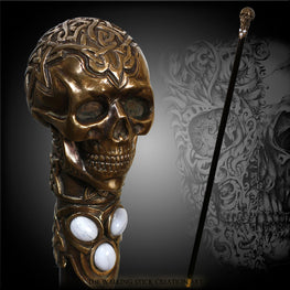 Skull Casted Bronze with Three Gems Artisan Walking Cane