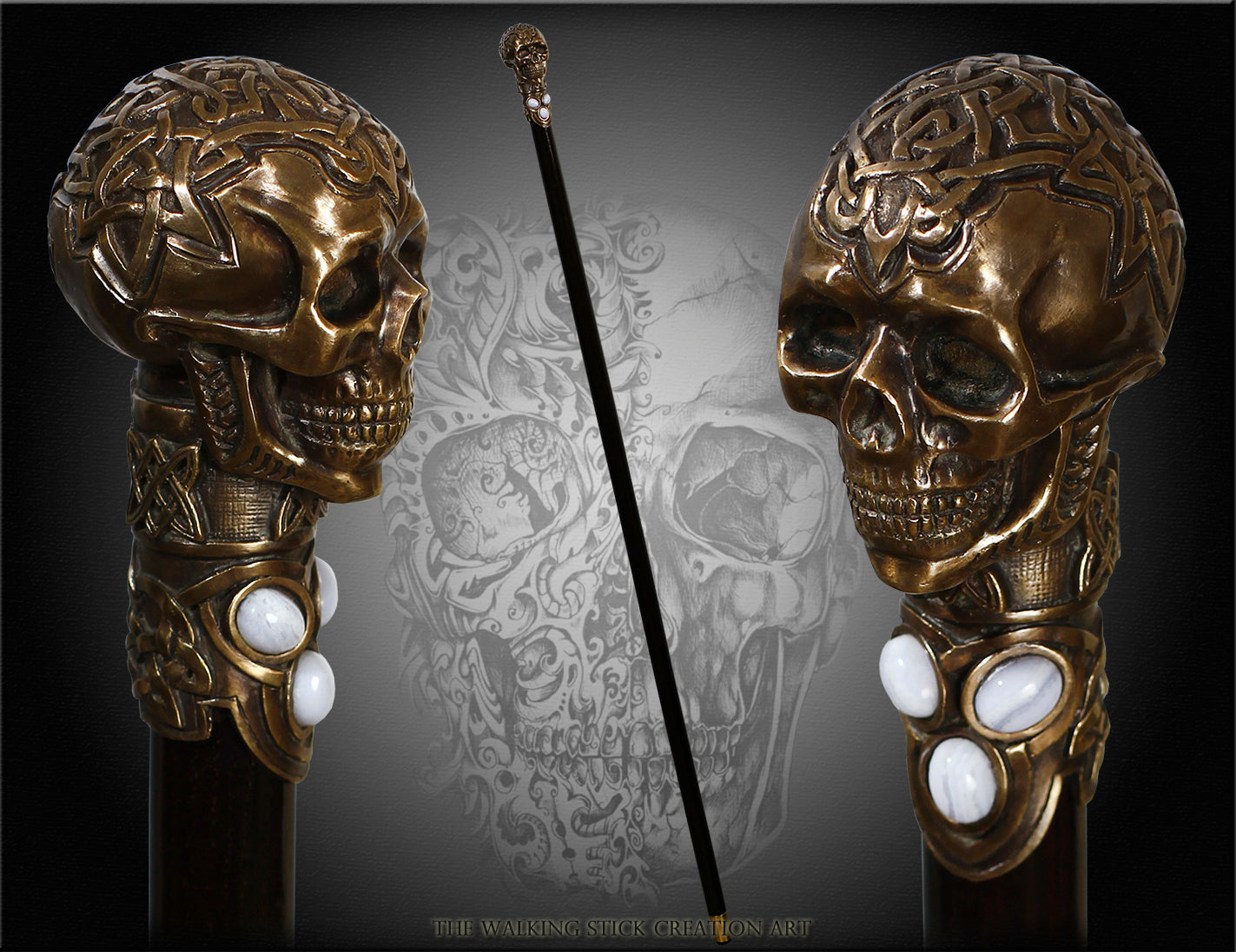 Skull Casted Bronze with Gems: Artisan Intricate Walking Cane