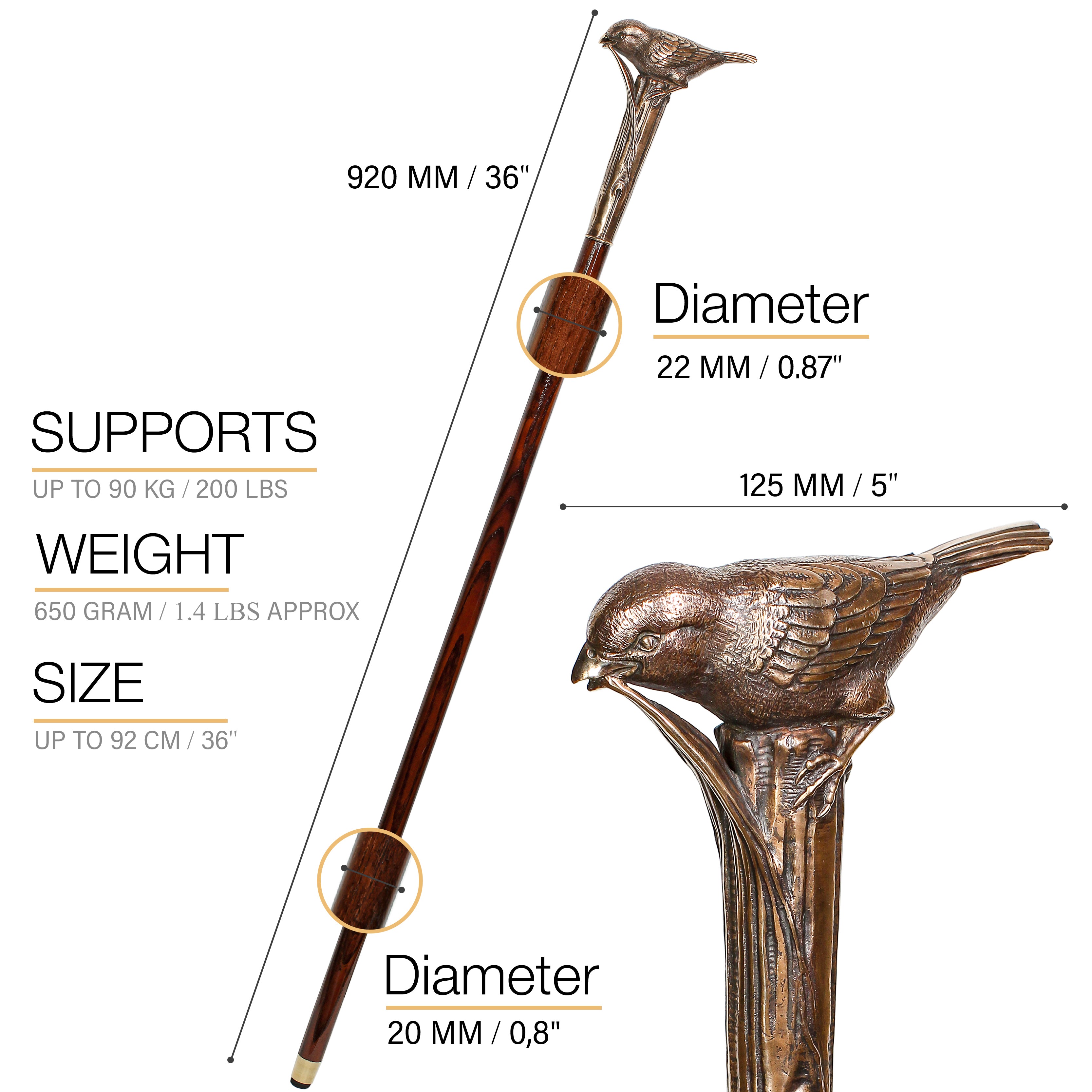 Sparrow Bird: Casted Bronze Artisan Intricate Walking Cane