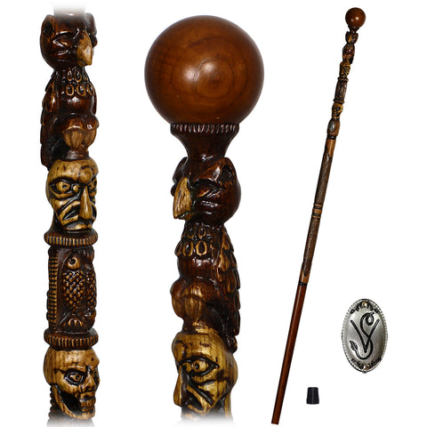 Totem Pole Indian Heritage Artisan Intricate Hand-Carved Walking Cane