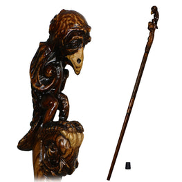 Sad Griffin Raven Bird Artisan Intricate Hand-Carved Walking Cane