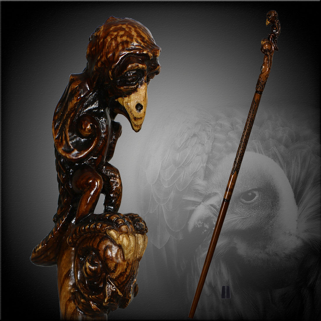 Sad Griffin Raven Bird Artisan Intricate Hand-Carved Walking Cane