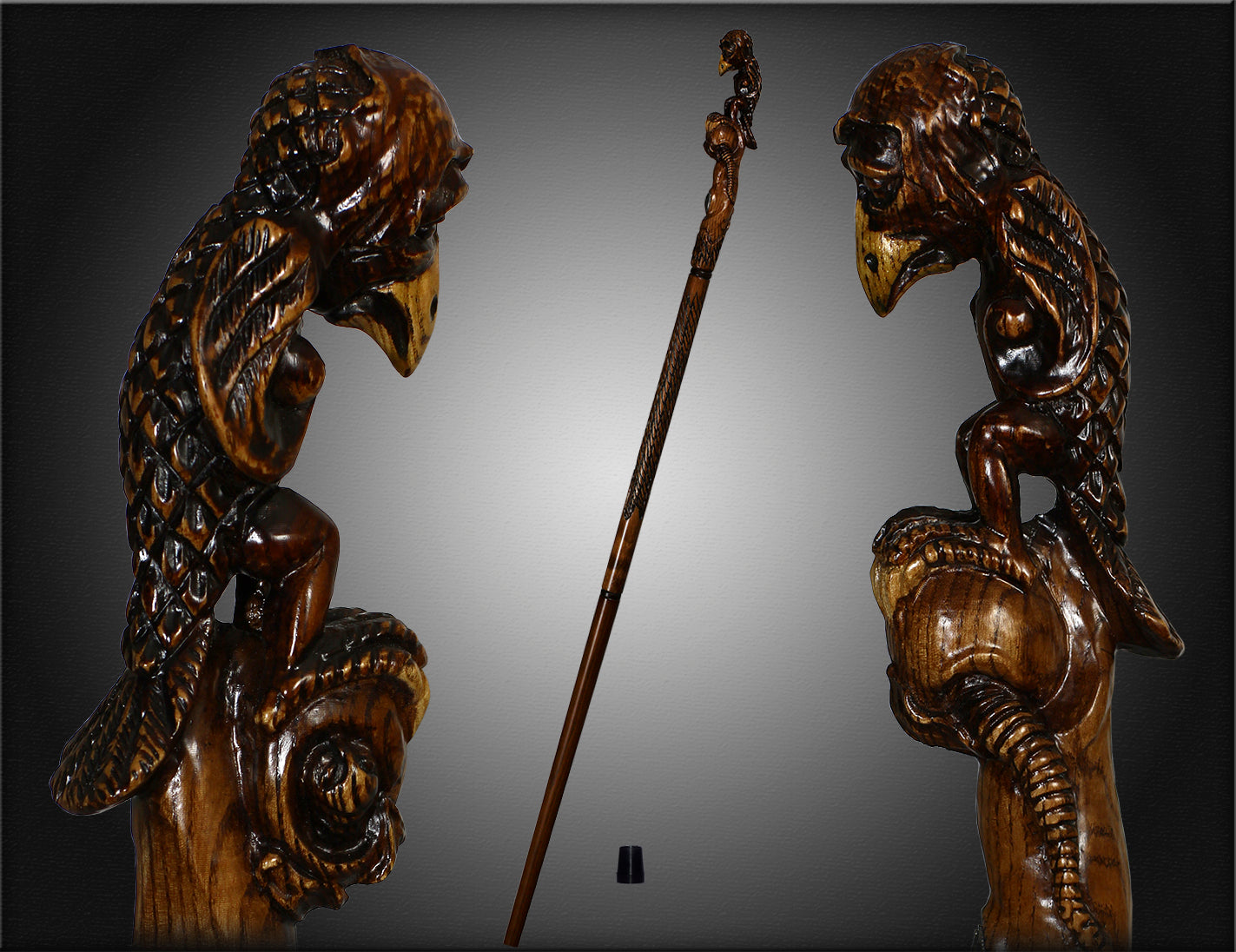 Sad Griffin Raven Bird Artisan Intricate Hand-Carved Walking Cane