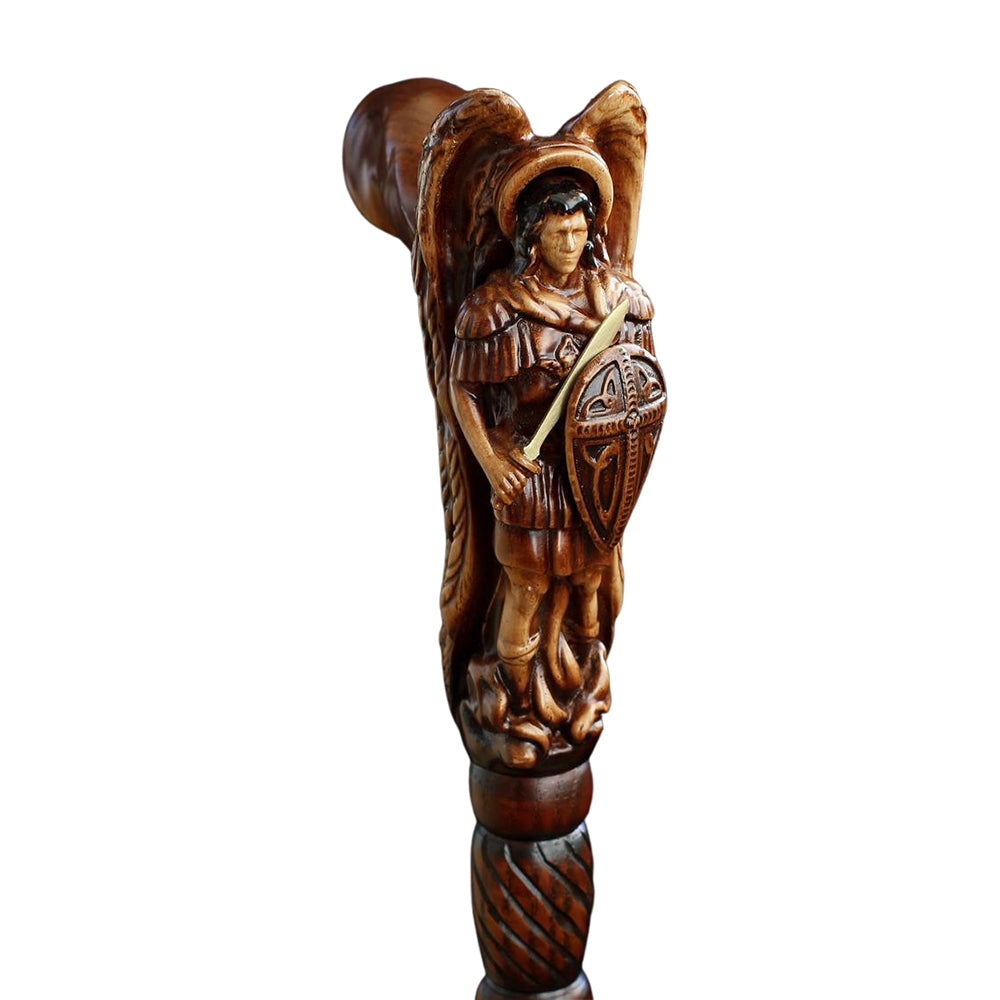 Archangel Michael Artisan Intricate Hand-Carved Walking Cane (Dark Wood)