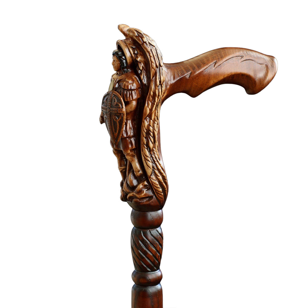 Archangel Michael Artisan Intricate Hand-Carved Walking Cane (Dark Wood)