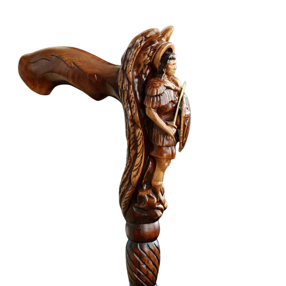 Archangel Michael Artisan Intricate Hand-Carved Walking Cane (Dark Wood)