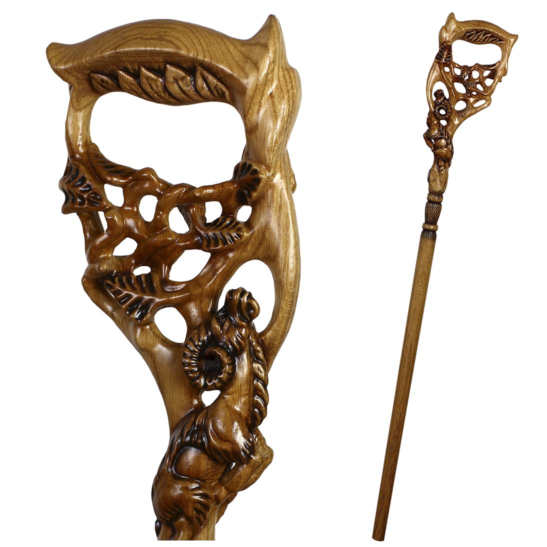Ram & Tree Scene: Intricately Hand-Carved Artisan Cane