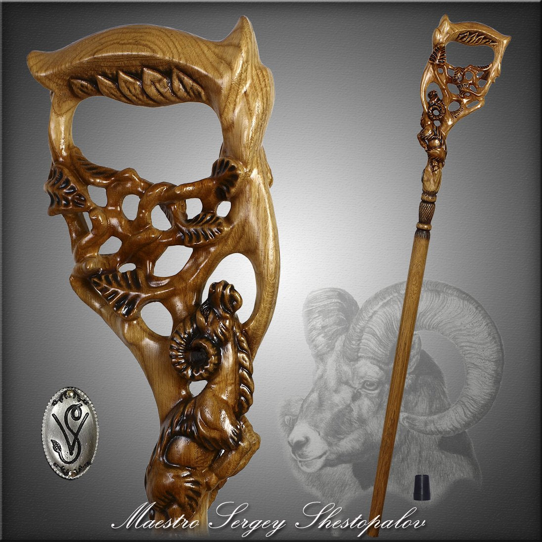 Ram & Tree Scene: Intricately Hand-Carved Artisan Cane