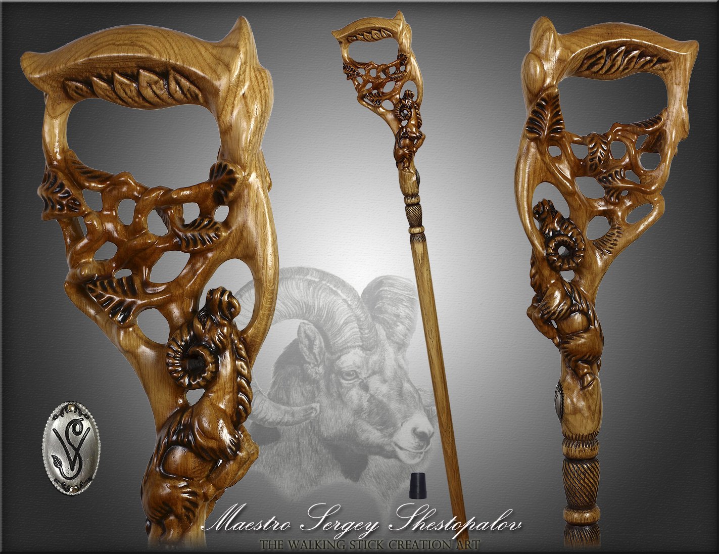 Ram & Tree Scene: Intricately Hand-Carved Artisan Cane