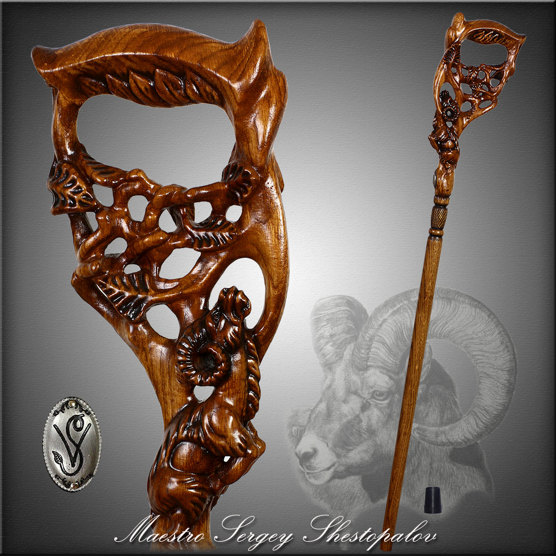 Ram & Tree Scene: Intricately Hand-Carved Artisan Cane