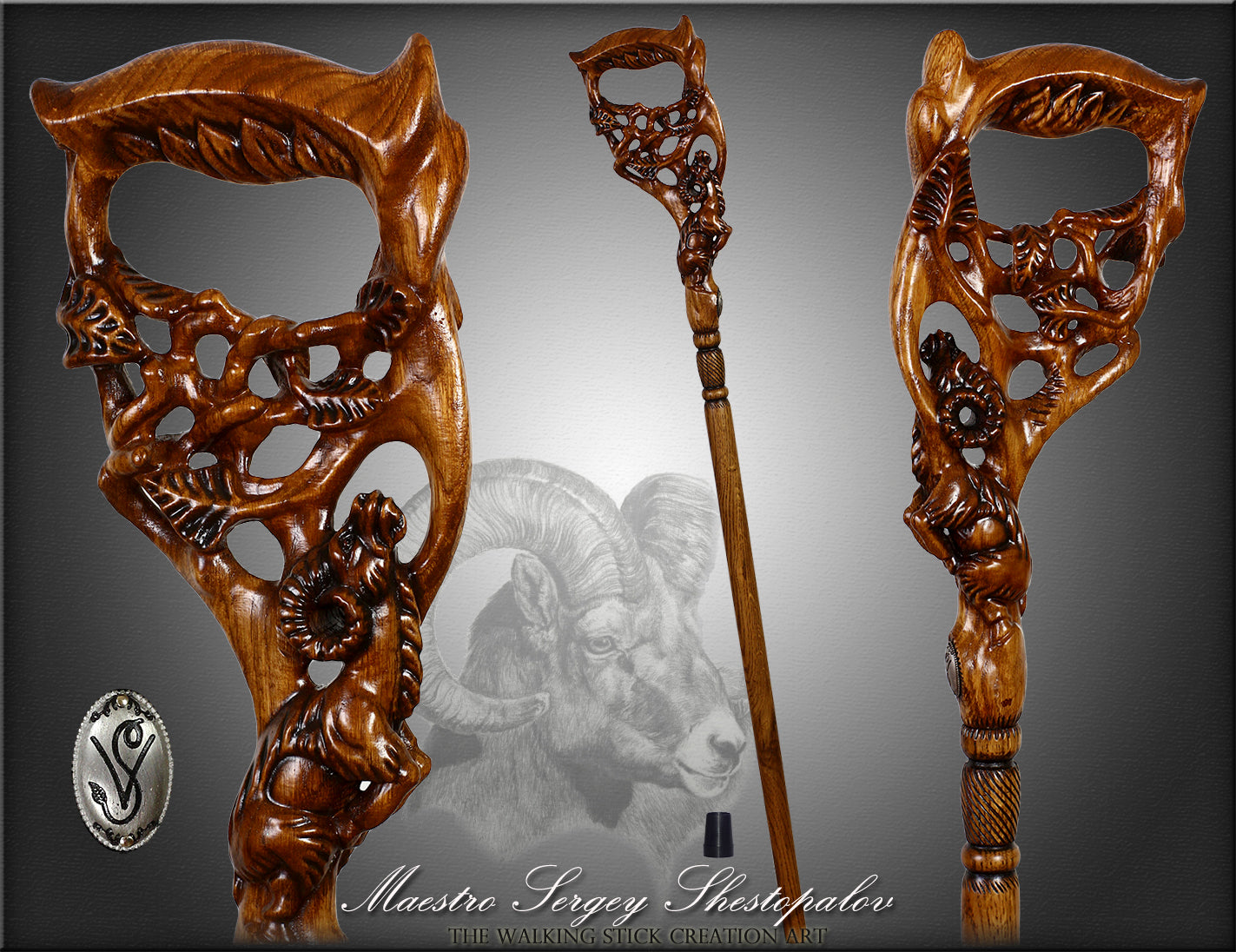 Ram & Tree Scene: Intricately Hand-Carved Artisan Cane