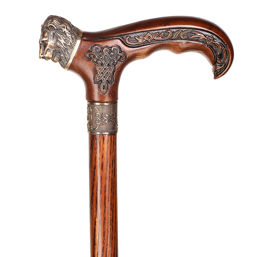 Lion Head Bronze & Wood Cane - Handcarved Artisan Craft
