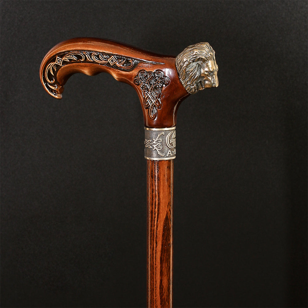 Lion Head Bronze & Wood Cane - Handcarved Artisan Craft