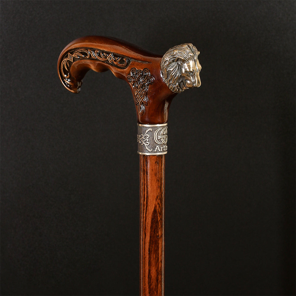 Lion Head Bronze & Wood Cane - Handcarved Artisan Craft