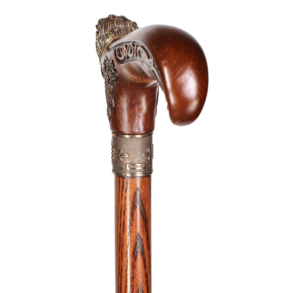 Lion Head Bronze & Wood Cane - Handcarved Artisan Craft