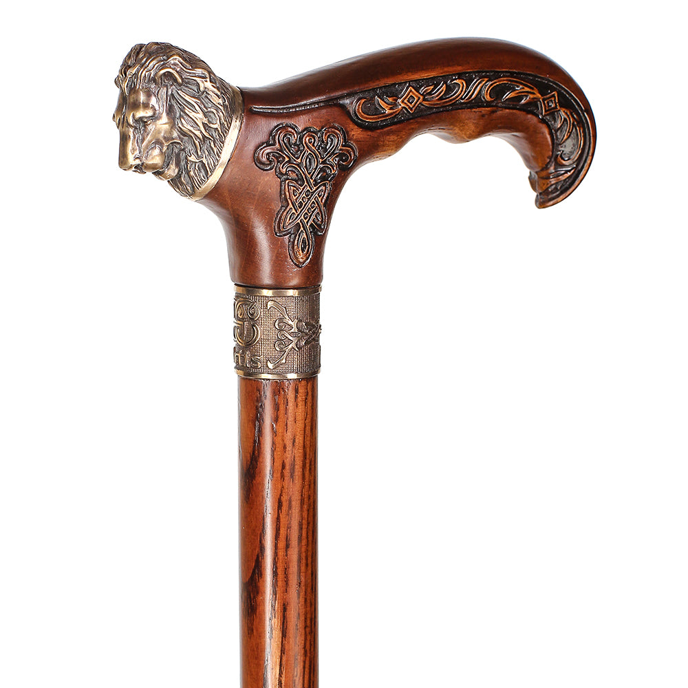 Lion Head Bronze & Wood Cane - Handcarved Artisan Craft