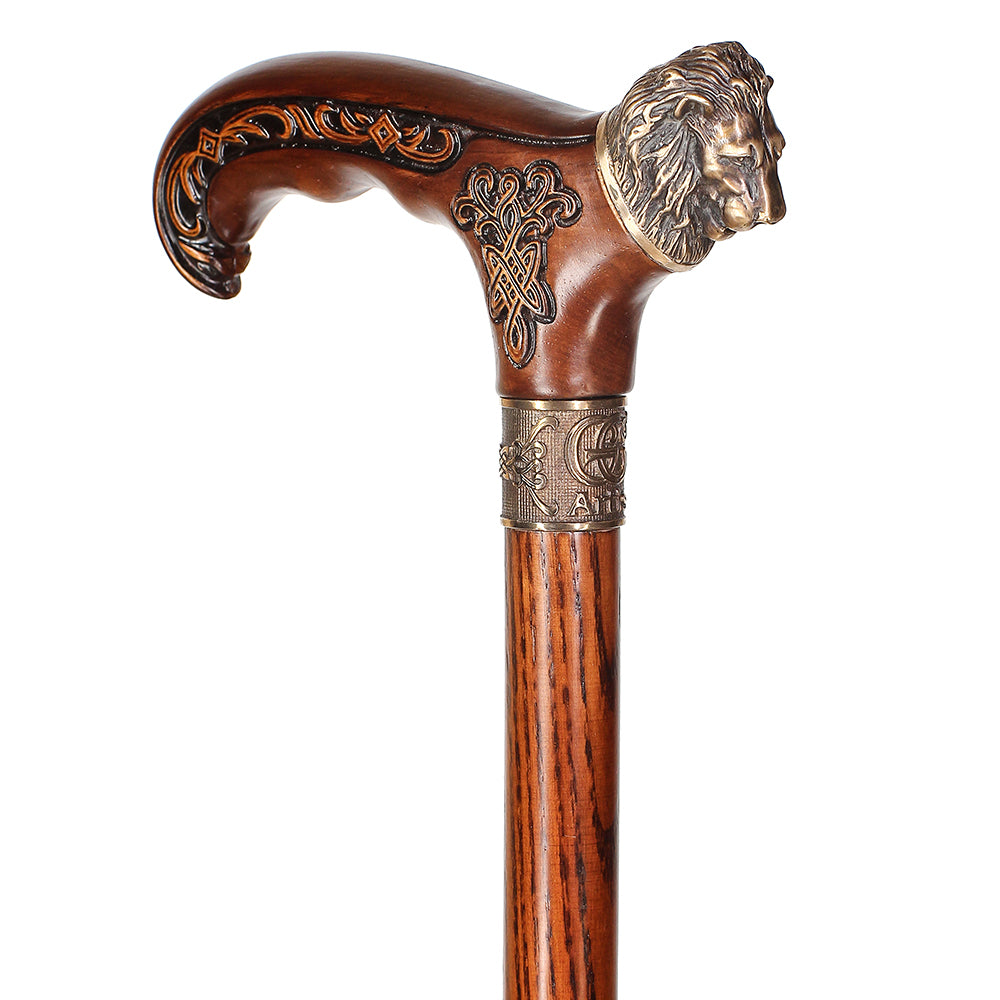 Lion Head Bronze & Wood Cane - Handcarved Artisan Craft