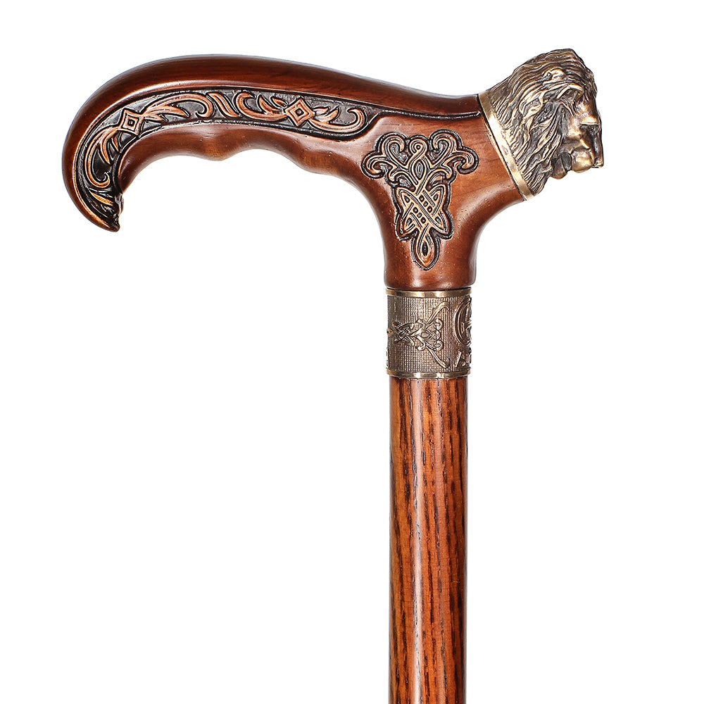 Lion Head Bronze & Wood Cane - Handcarved Artisan Craft