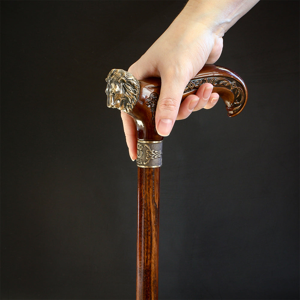 Lion Head Bronze & Wood Cane - Handcarved Artisan Craft