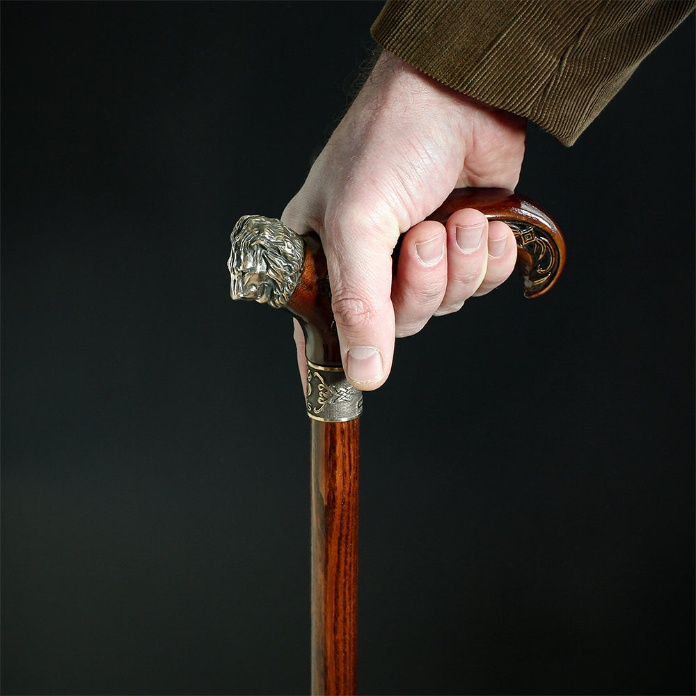 Lion Head Bronze & Wood Cane - Handcarved Artisan Craft