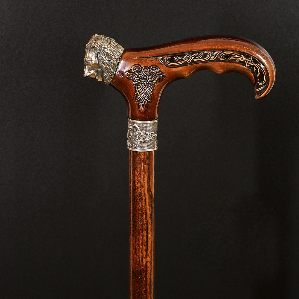 Lion Head Bronze & Wood Cane - Handcarved Artisan Craft