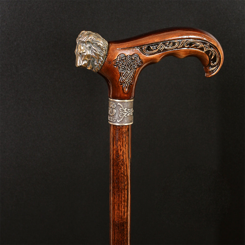 Lion Head Bronze & Wood Cane - Handcarved Artisan Craft