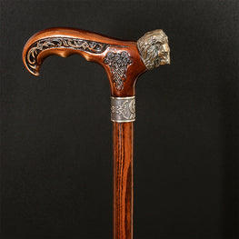 Lion Head Bronze & Wood Cane - Handcarved Artisan Craft