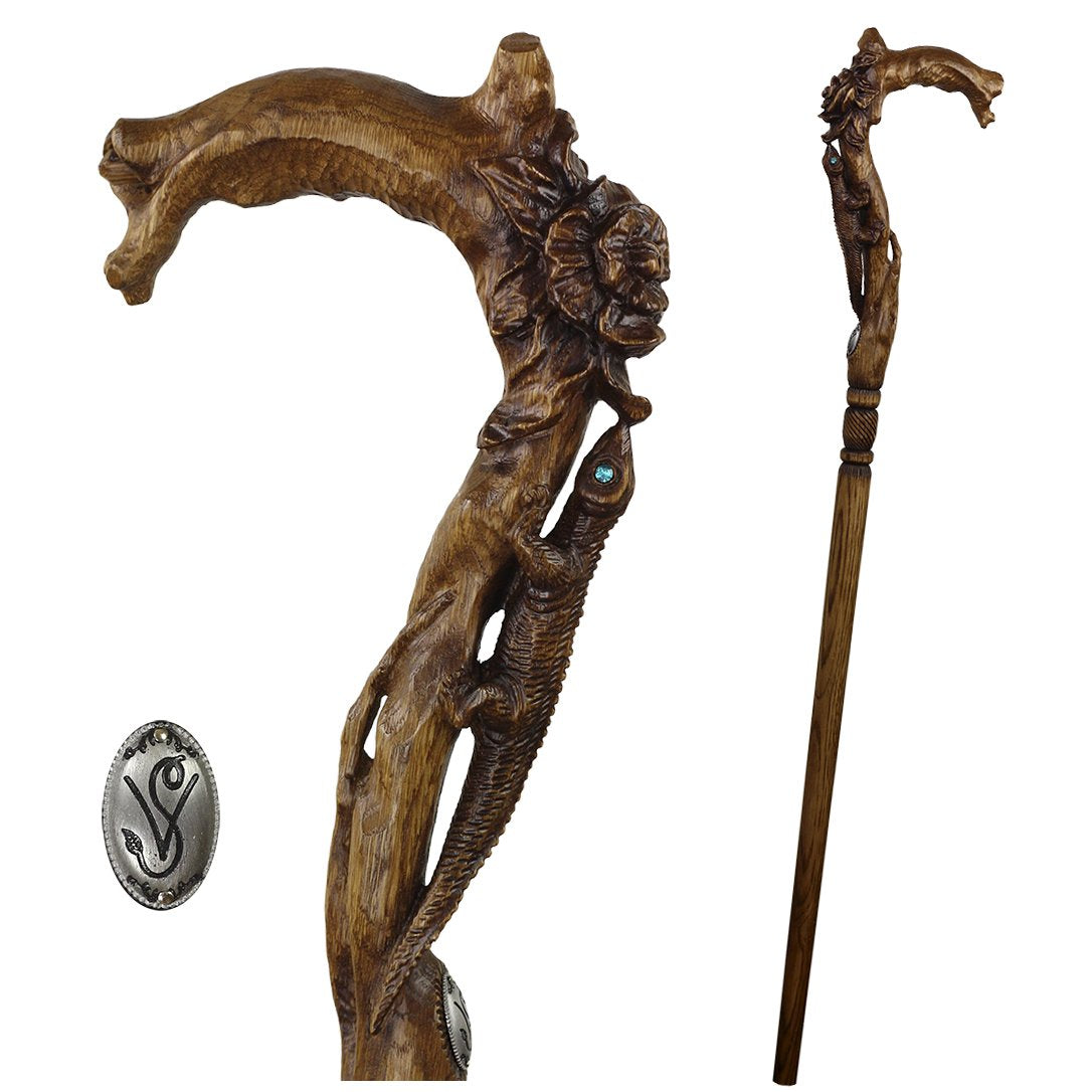 Lizard and Flower: Artisan Intricate Detail Handcarved Cane