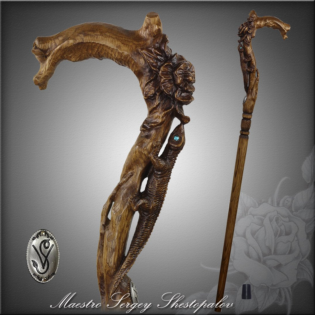 Lizard and Flower: Artisan Intricate Detail Handcarved Cane