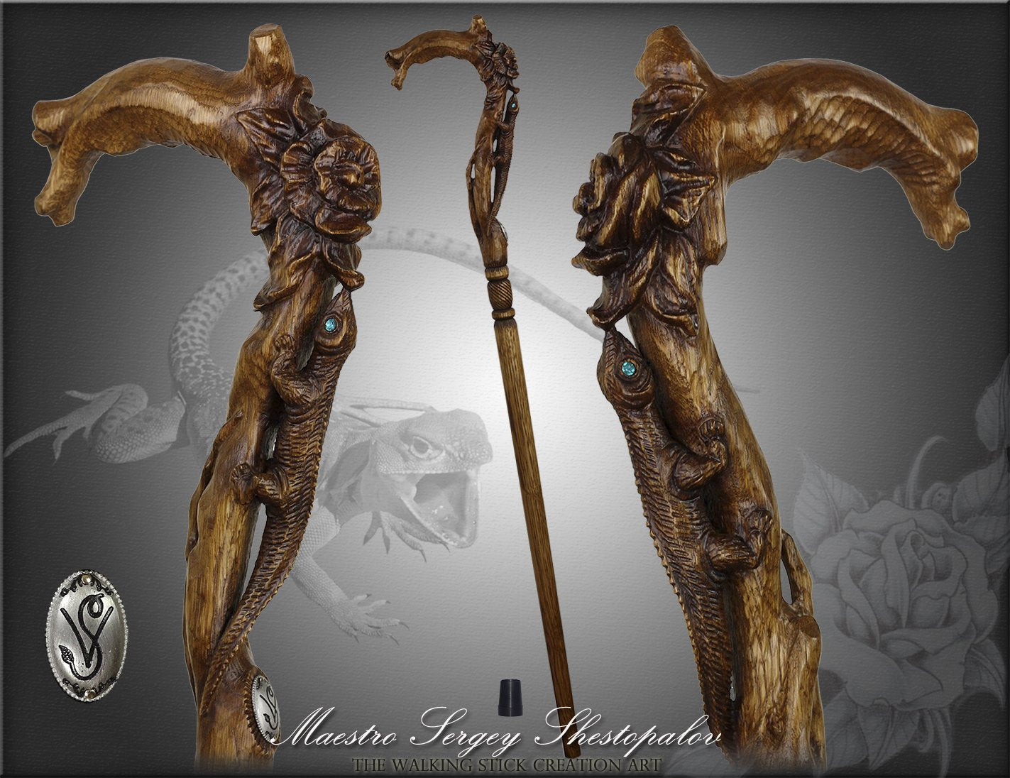 Lizard and Flower: Artisan Intricate Detail Handcarved Cane