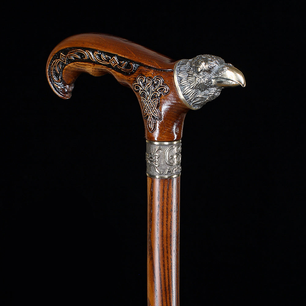 Raven Head Bronze & Wood Artisan Intricate Detail Design Cane