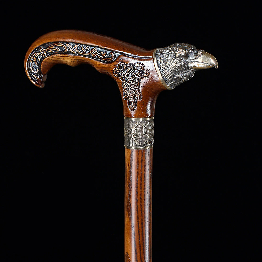 Raven Head Bronze & Wood Artisan Intricate Detail Design Cane