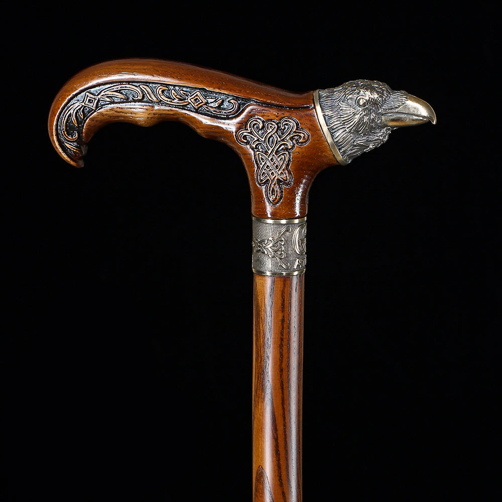 Raven Head Bronze & Wood Artisan Intricate Detail Design Cane